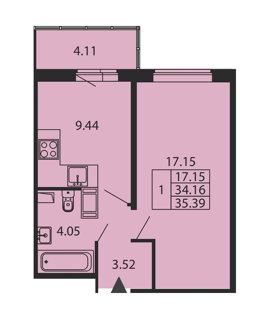 1-комнатная квартира 34.16 м², 12/12 эт., ЖК «Полис ЛАВрики»